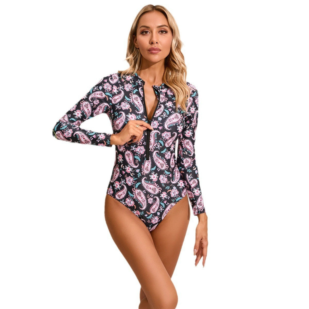 Damen Hochgeschlossener Einteiler Badeanzug mit zip und floralem Muster EB