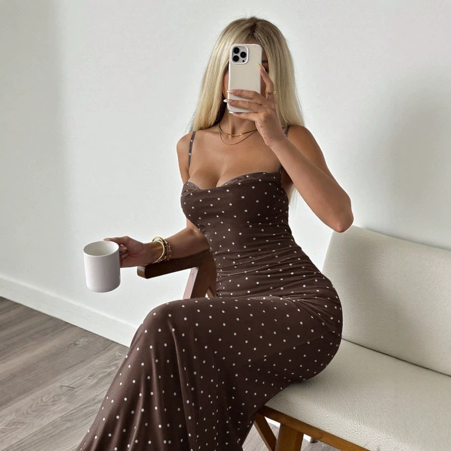 Damen Figurbetontes Maxikleid mit Polkadots und trägerlosem Design EB