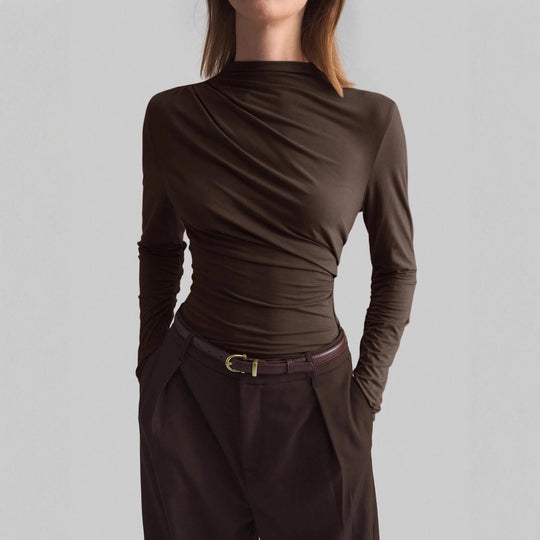 Damen nan schmal geschnittenes Langarmshirt mit asymmetrischer Drapierung und seitlicher Raffung EB