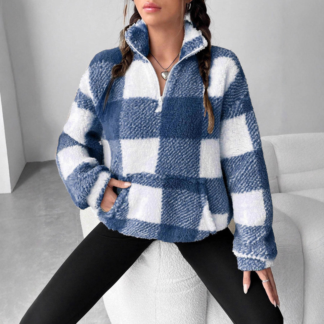 Damen nan kuscheliger Sherpa-Pullover mit Stehkragen, Half-Zip und Kängurutasche EB