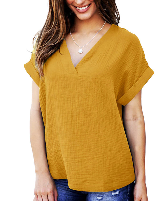 Damen lässiges V-Ausschnitt T-Shirt mit luftiger Passform und umgeschlagenen Ärmeln EB