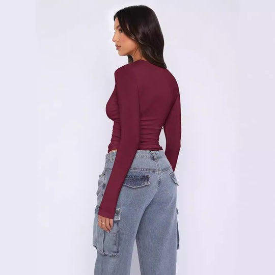 Damen Langarm-Rippoberteil mit asymmetrischem Ausschnitt EB