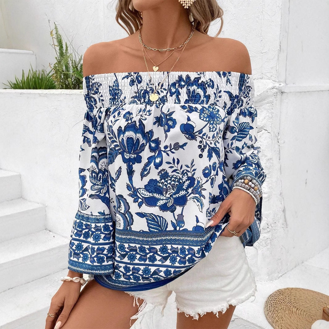 Damen Off-Shoulder Bluse mit floralen Stickereien und elastischem Bund EB