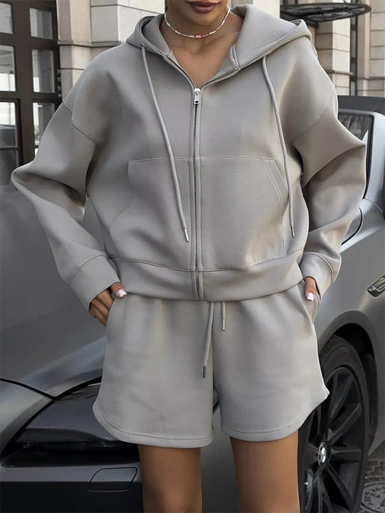 Damen nan kurzes Kapuzen-Sweatshirt mit Reißverschluss und elastischer Highwaist-Relax-Shorts Set EB