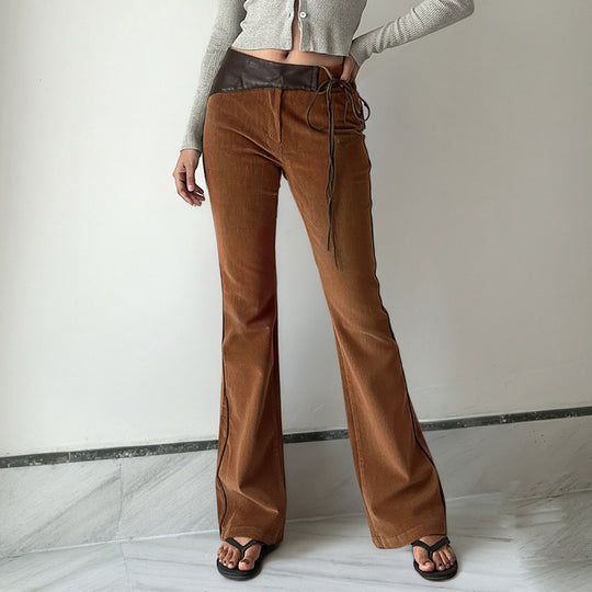 Damen nan ausgestellte Cordhose mit hohem Bund, Lederbesatz und Bindeband EB