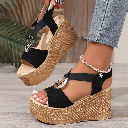 Damen Wedge-Sandalen mit elegantem Riemen und stilvollem Korkabsatz EB