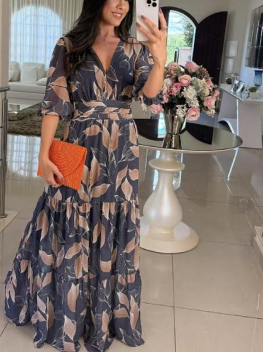 Damen Maxikleid mit buntem Blattmuster und tailliertem Gürtel EB