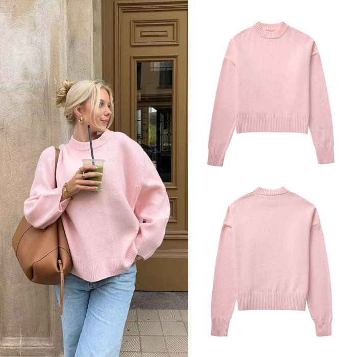 Damen grob gestrickter Pullover mit weiten Ärmeln und Rundhalsausschnitt EB