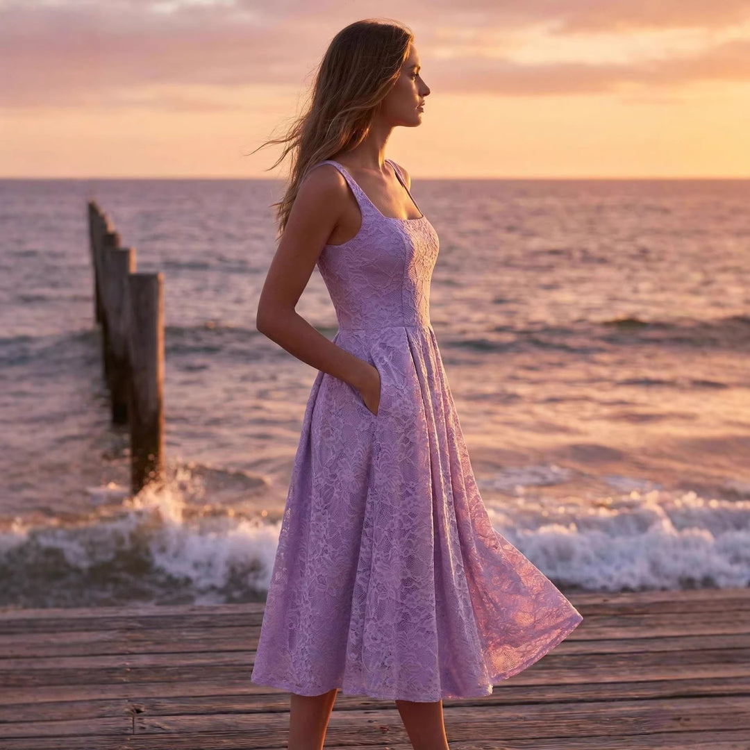 Damen Spitzen-Maxikleid im A-Linien-Stil mit tiefem Ausschnitt und taillierter Silhouette EB