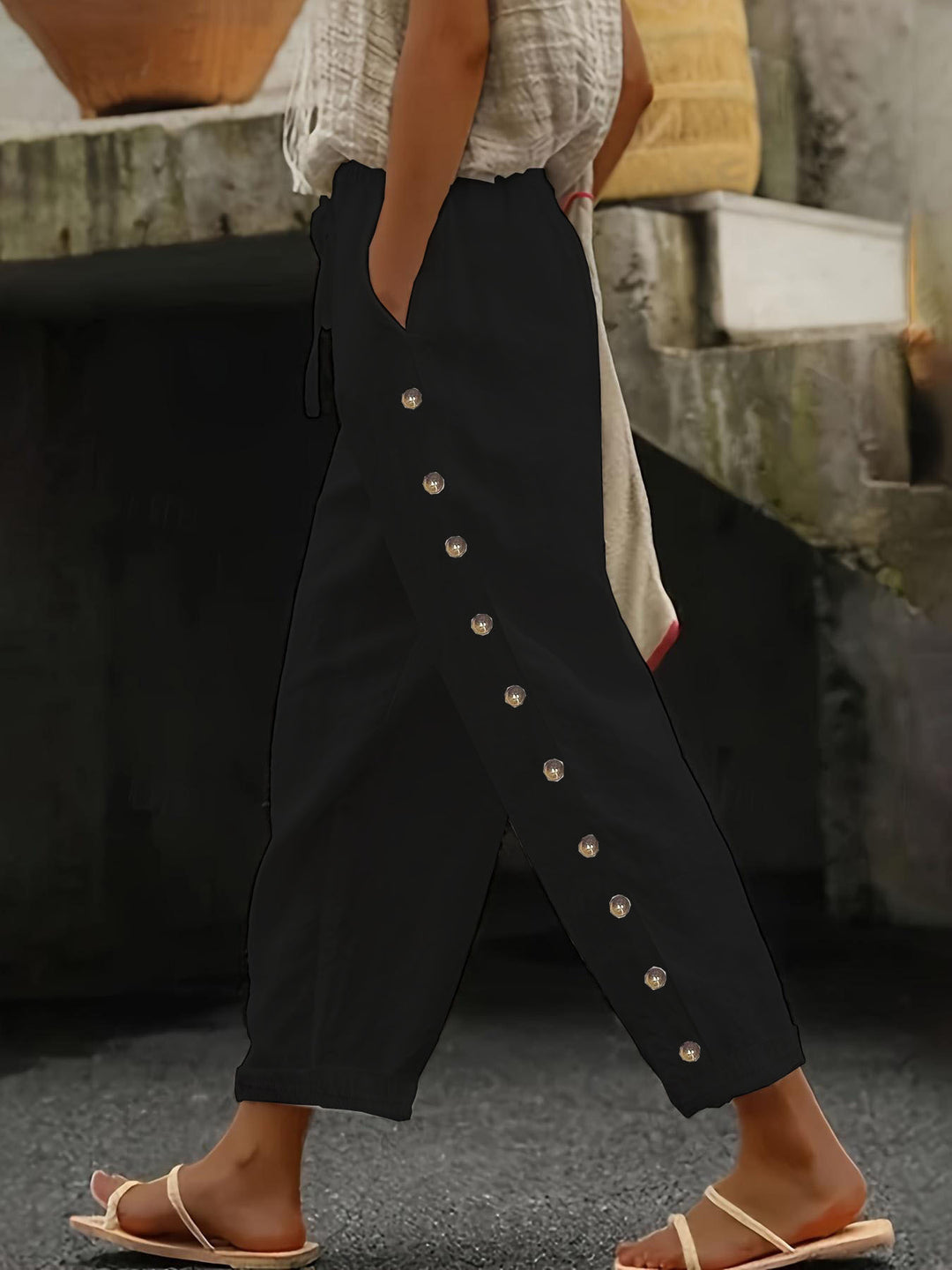 Damen Modische Palazzo-Hose mit Knopfdetails und elastischem Bund EB