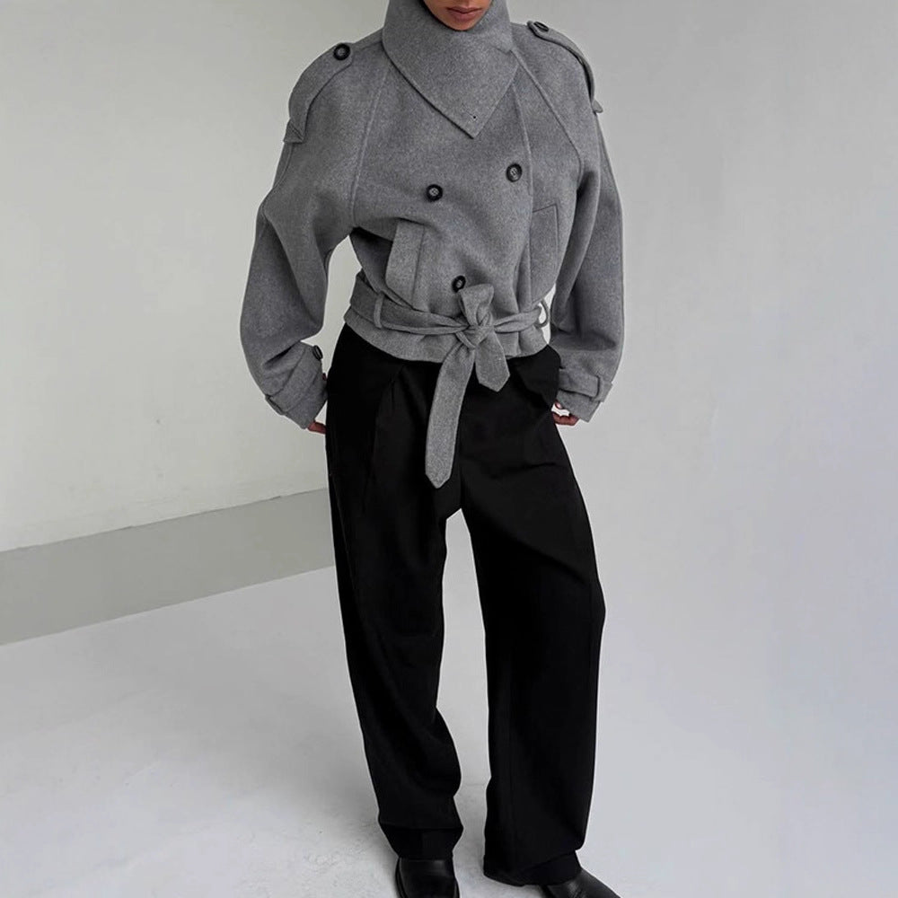 Damen modische Oversized-Wolljacke mit hohem Kragen und Gürtel EB