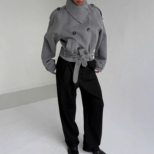 Damen modische Oversized-Wolljacke mit hohem Kragen und Gürtel EB