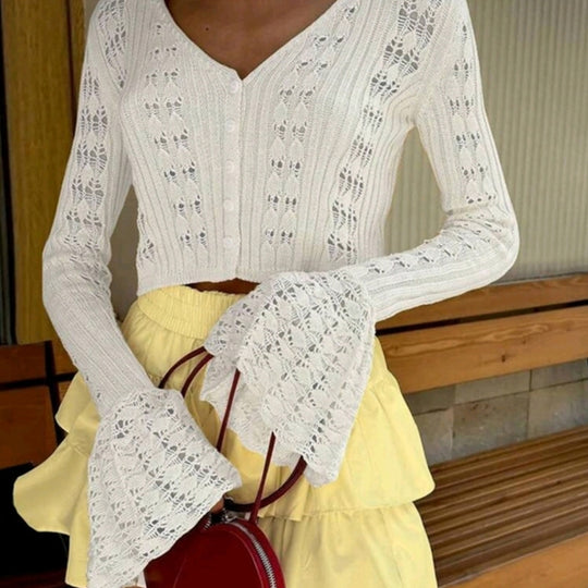 Damen Stylische Strickjacke mit V-Ausschnitt und Schlagärmeln EB