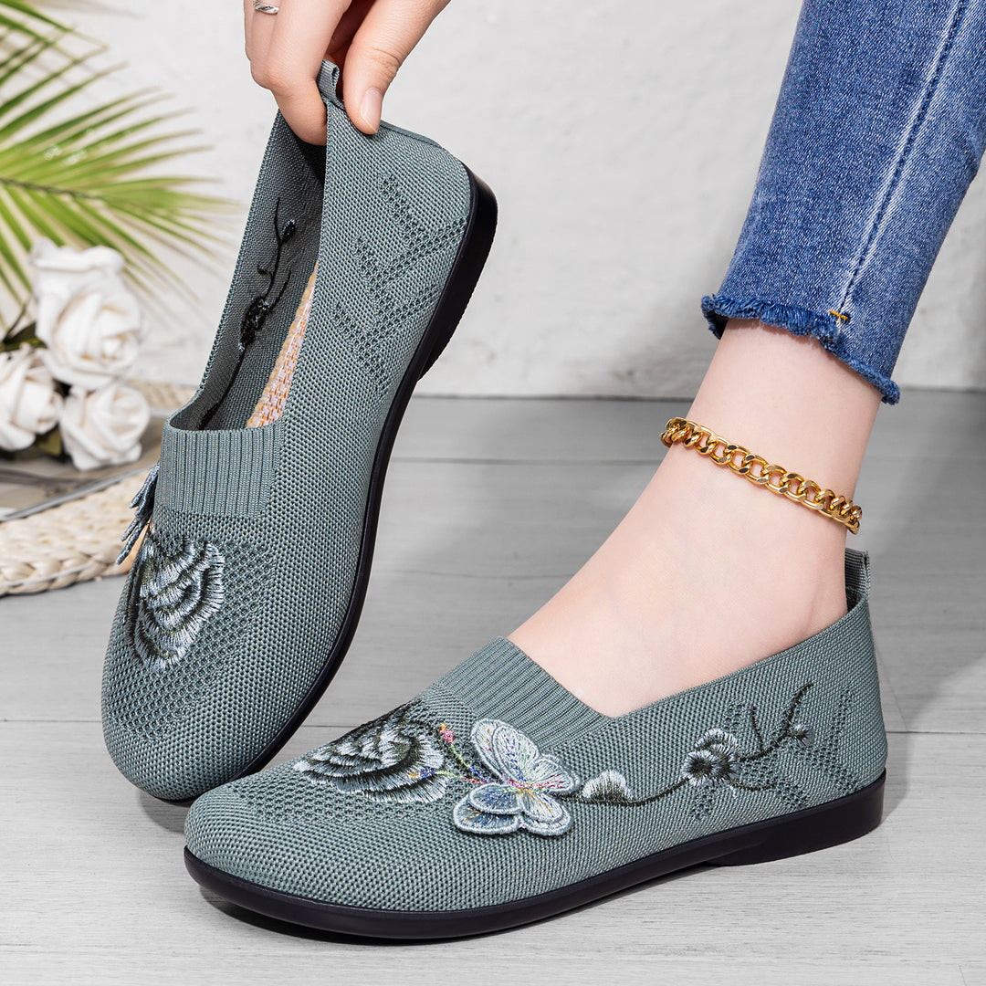 Damen nan bestickter Strick-Slipper mit sockenähnlichem Einstieg, floralem Stickmotiv und gedämpfter Leichtsohle EB