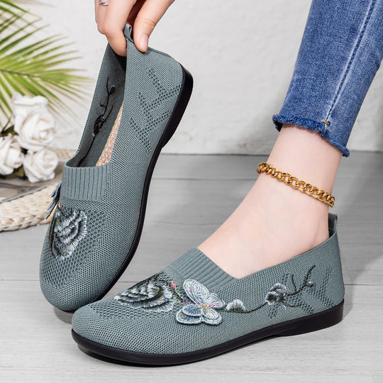 Damen nan bestickter Strick-Slipper mit sockenähnlichem Einstieg, floralem Stickmotiv und gedämpfter Leichtsohle EB