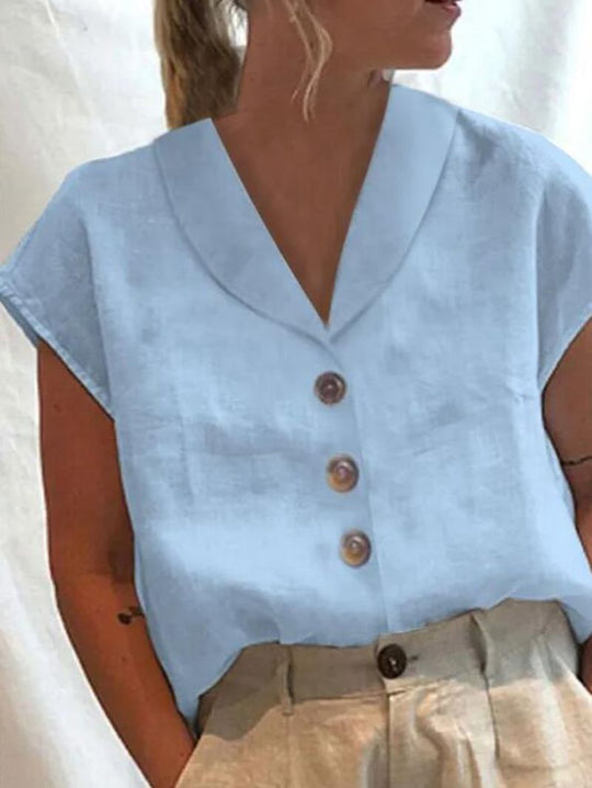 Damen nan luftige Leinenbluse mit weitem V-Kragen, überschnittener Schulter und Zierknopfleiste EB