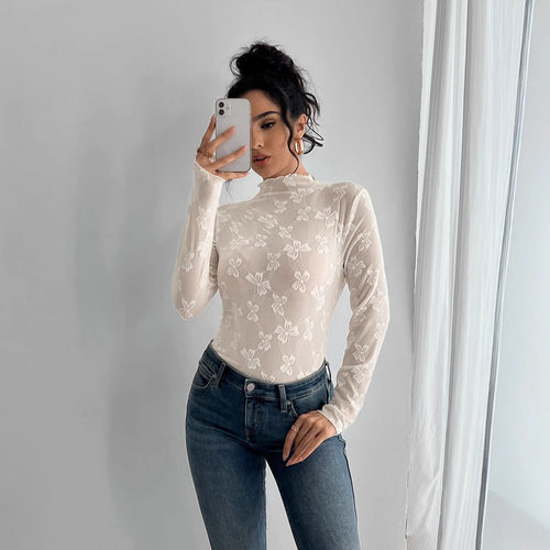 Damen transparenter Bodysuit mit elegantem Blumenmuster und hohem Kragen EB