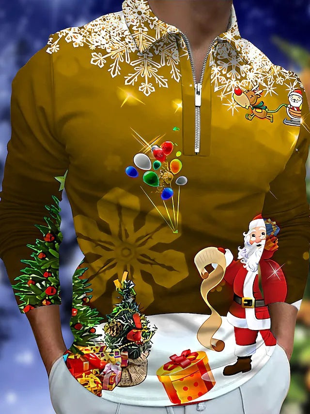 Herren Weihnachtliches Langarmshirt mit festlichem Grafikdesign und praktischem Reißverschluss EB