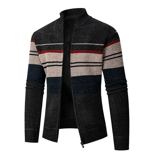 Herren modische Strickjacke mit kontrastierenden Streifen und hochabschließendem Kragen EB