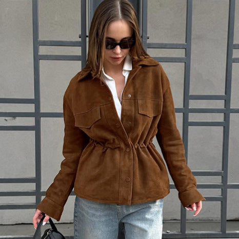 Damen Modische Suede-Jacke mit Taillierung und praktischen Pattentaschen EB