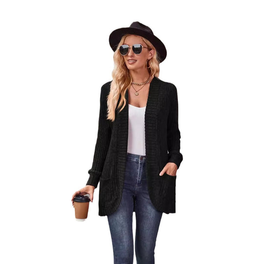 Damen nan langer gerippter Cardigan mit aufgesetzten Taschen und offener Front EB