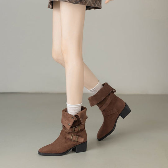 Damen Modische Stiefel mit auffälligem Schnallen-Design und bequemem Blockabsatz EB