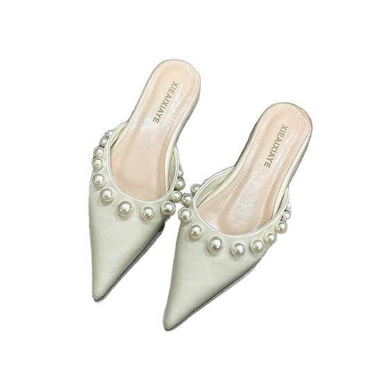 Damen Spitzen-Mules mit glänzenden Perlenverzierungen EB