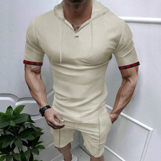 Herren sportliches Kurzarm-Hemden- und Shorts-Set mit Kapuze und kontrastierenden Ärmelabschlüssen EB