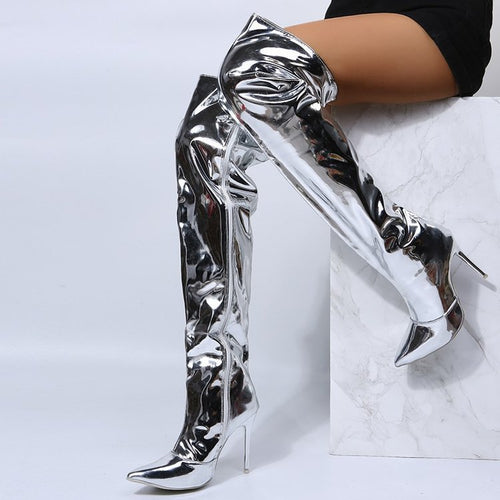 Damen Hohe Stiefel aus glänzendem Material mit spitzem Absatz EB