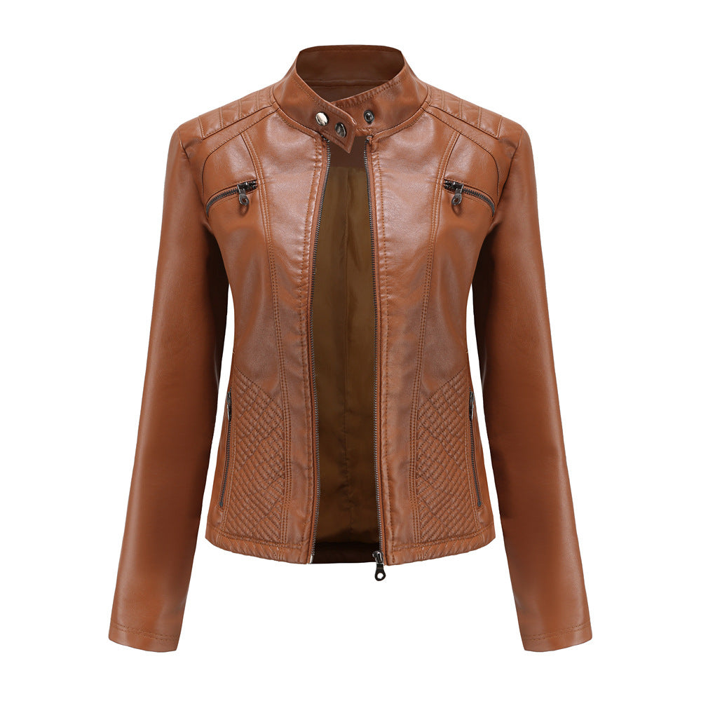 Damen nan taillierte Bikerjacke aus Kunstleder mit Stepppaneelen und Stehkragen EB