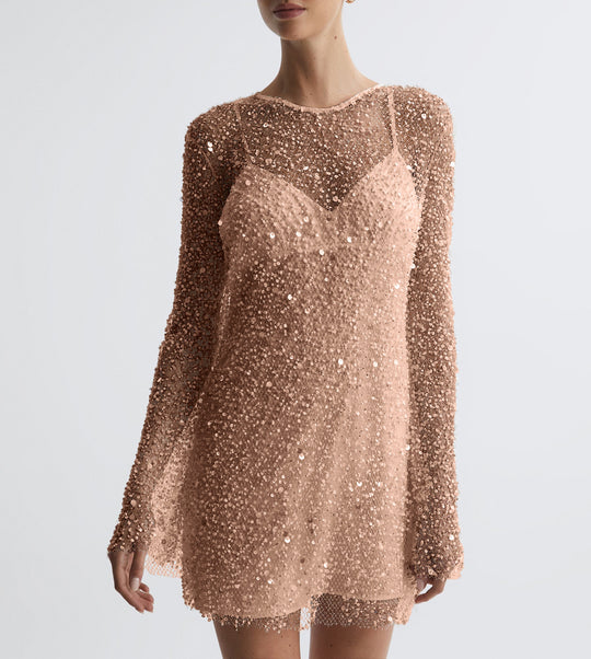 Damen Glitzerndes Cocktailkleid mit schimmernden Pailletten und langen Ärmeln EB