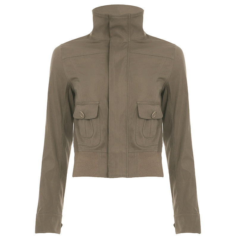 Damen nan kurze Utility-Blousonjacke mit hohem Stehkragen, Pattentaschen und elastischem Bund EB
