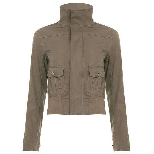 Damen nan kurze Utility-Blousonjacke mit hohem Stehkragen, Pattentaschen und elastischem Bund EB