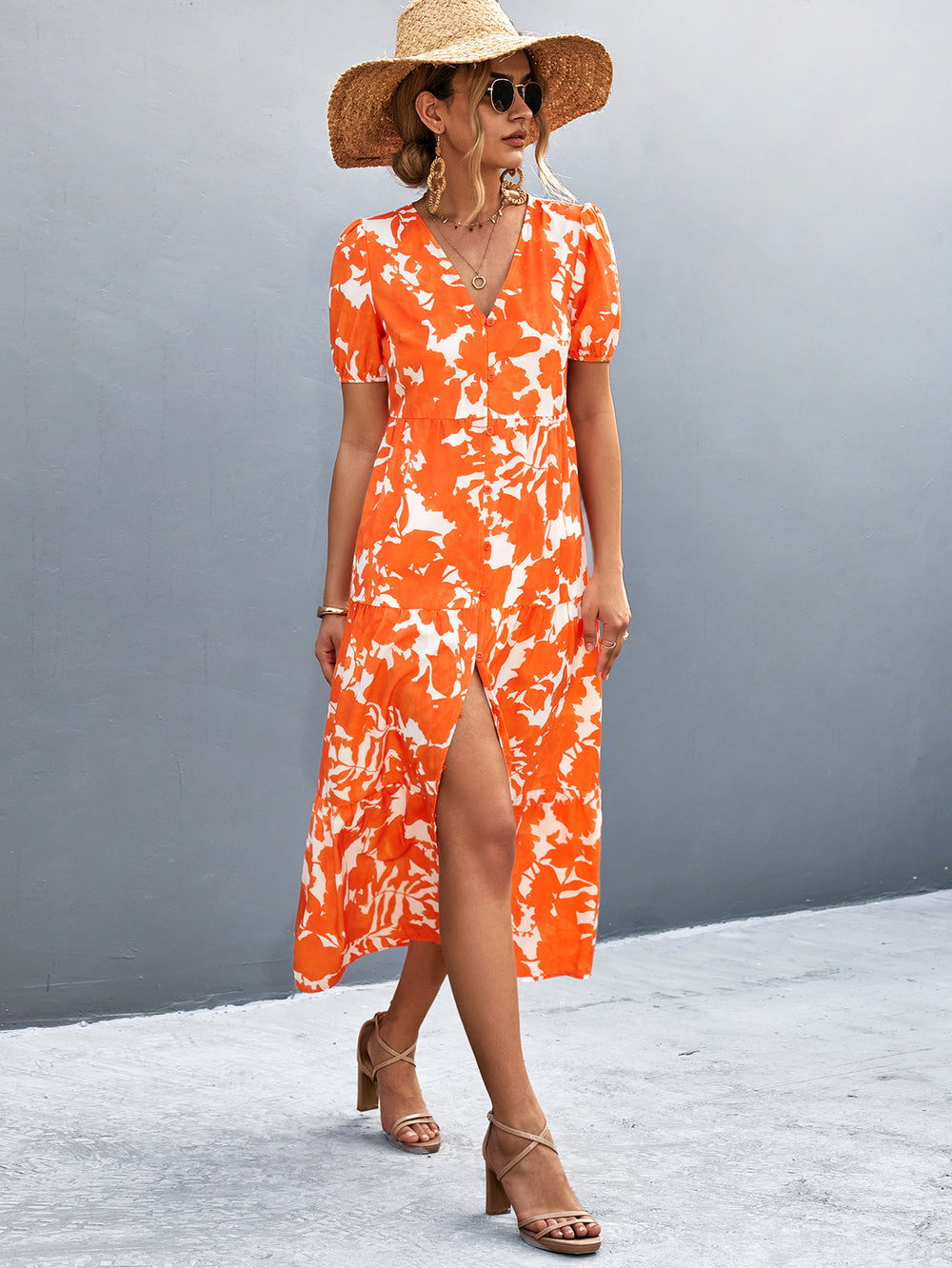 Damen Maxi-Kleid mit voluminösen Ärmeln und eleganten Knopfdetails EB