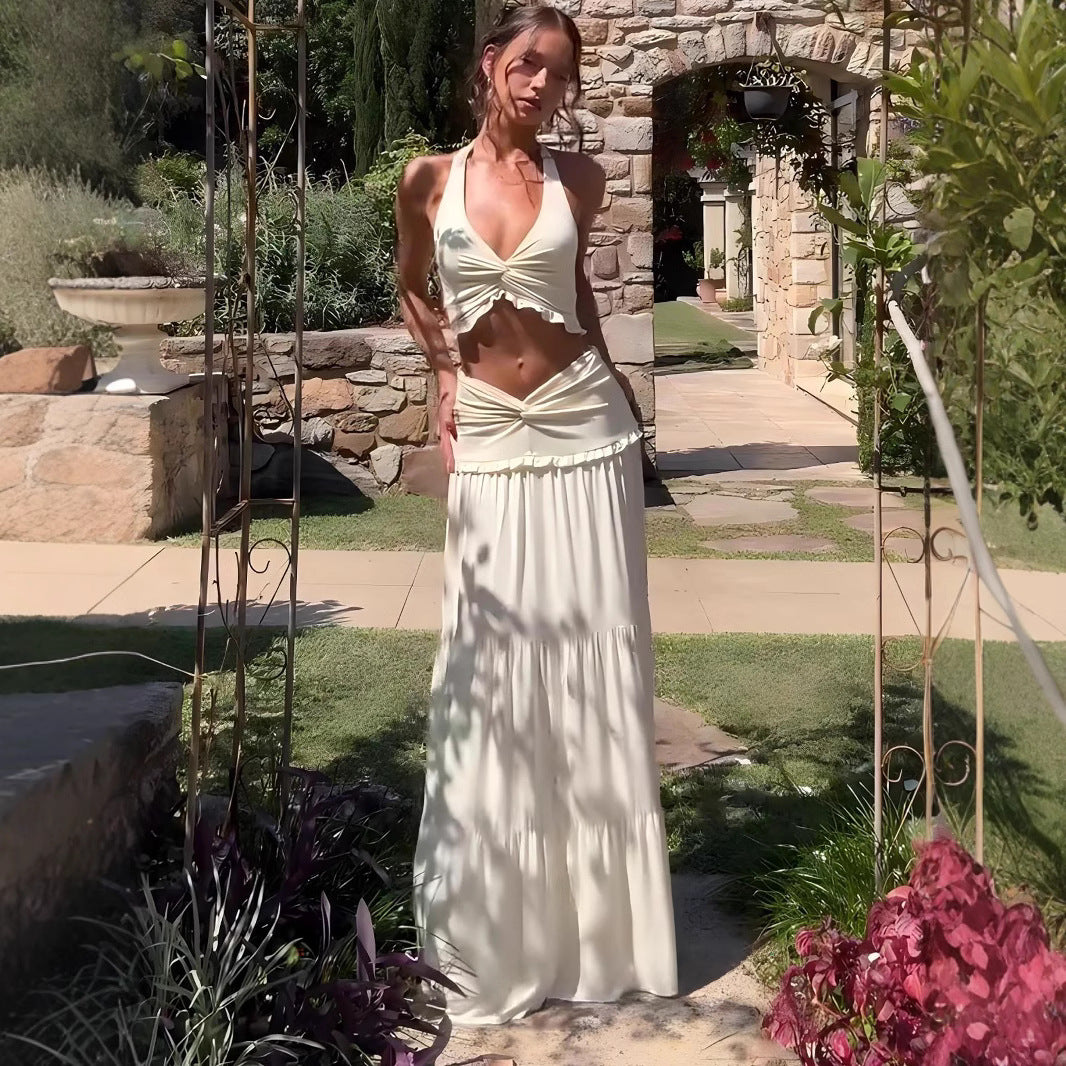 Damen Elegantes Two-Piece Maxi-Outfit mit raffiniertem Wickeldesign EB