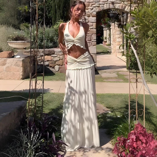 Damen Elegantes Two-Piece Maxi-Outfit mit raffiniertem Wickeldesign EB