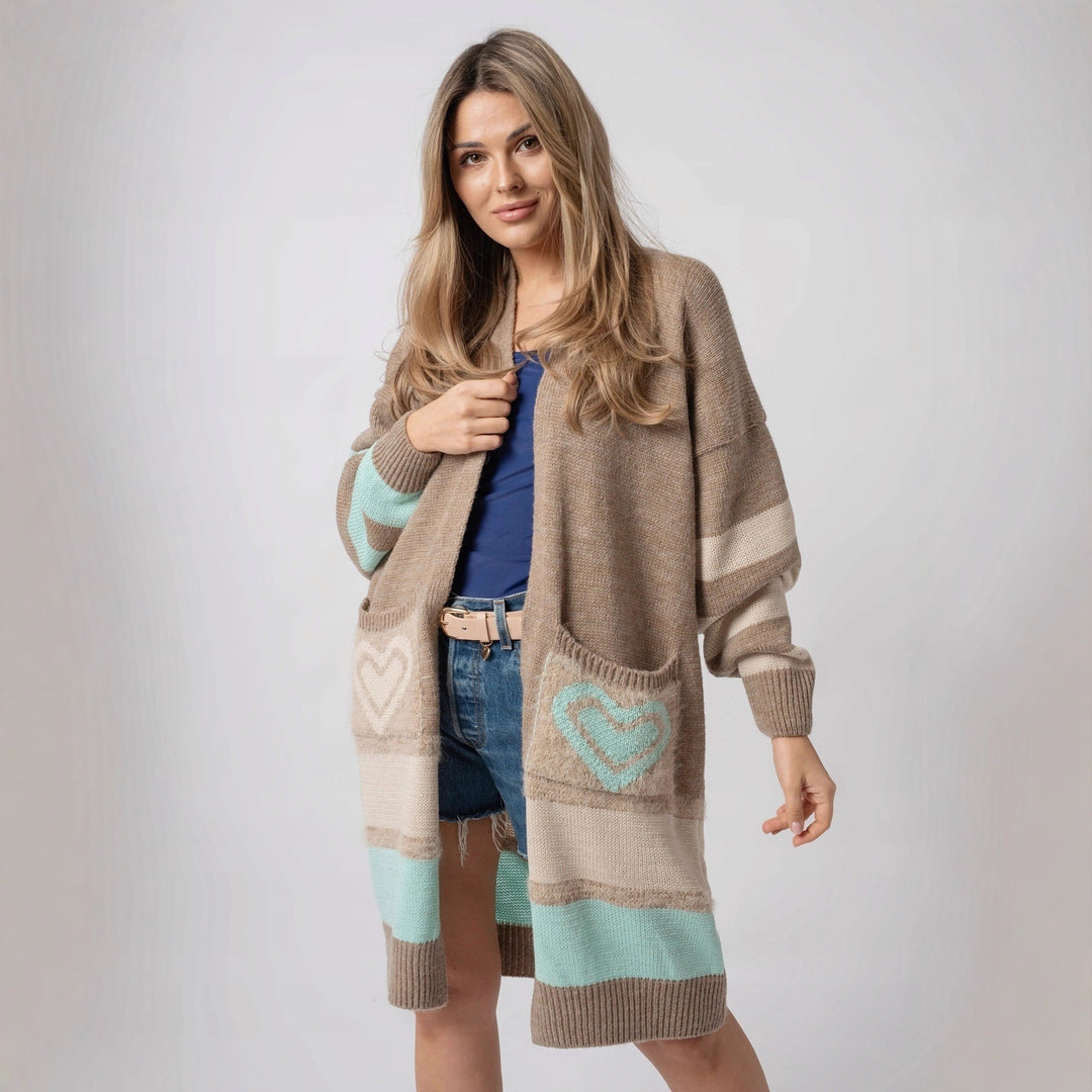 Damen Langärmliger Strickcardigan mit herzförmigen Taschen und modernem Farbblocking EB