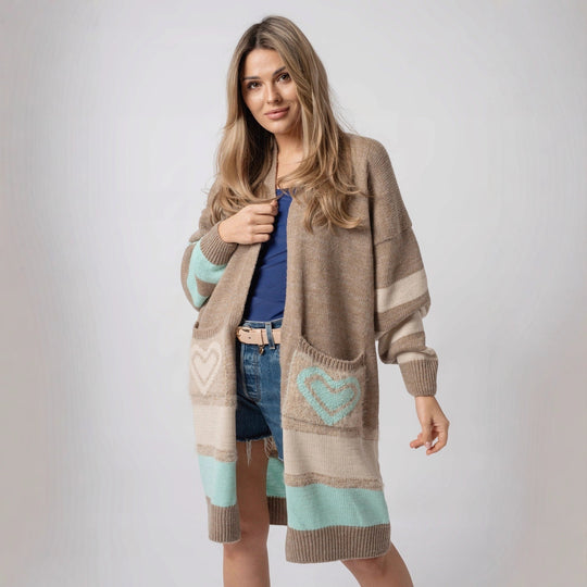 Damen Langärmliger Strickcardigan mit herzförmigen Taschen und modernem Farbblocking EB