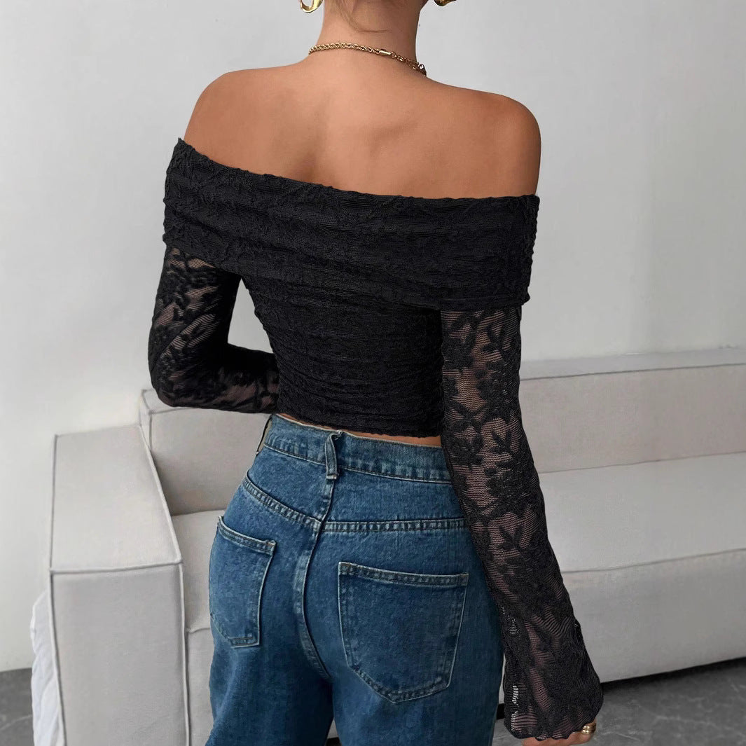Damen Off-Shoulder Spitzenoberteil mit langem Arm und Rüschendetails EB