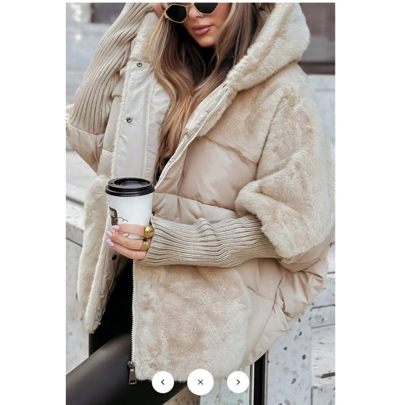 Damen nan gesteppte Kurzjacke mit Teddyfell-Einsätzen, Kapuze und integrierten Rippbündchen EB