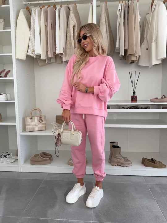 Damen Oversized Loungewear-Set aus weich angerautem Sweat mit Kordelzug-Jogginghose und relaxed Pullover EB