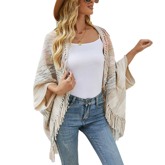 Damen modischer Poncho mit fransigem Saum und strukturiertem Design EB