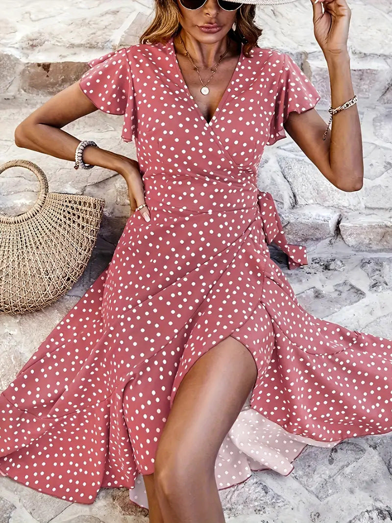 Damen Wickelkleid mit Punkten und fließendem Schnitt EB