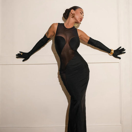 Damen Maxi-Kleid mit transparenten Einsätzen und figurformendem Schnitt EB