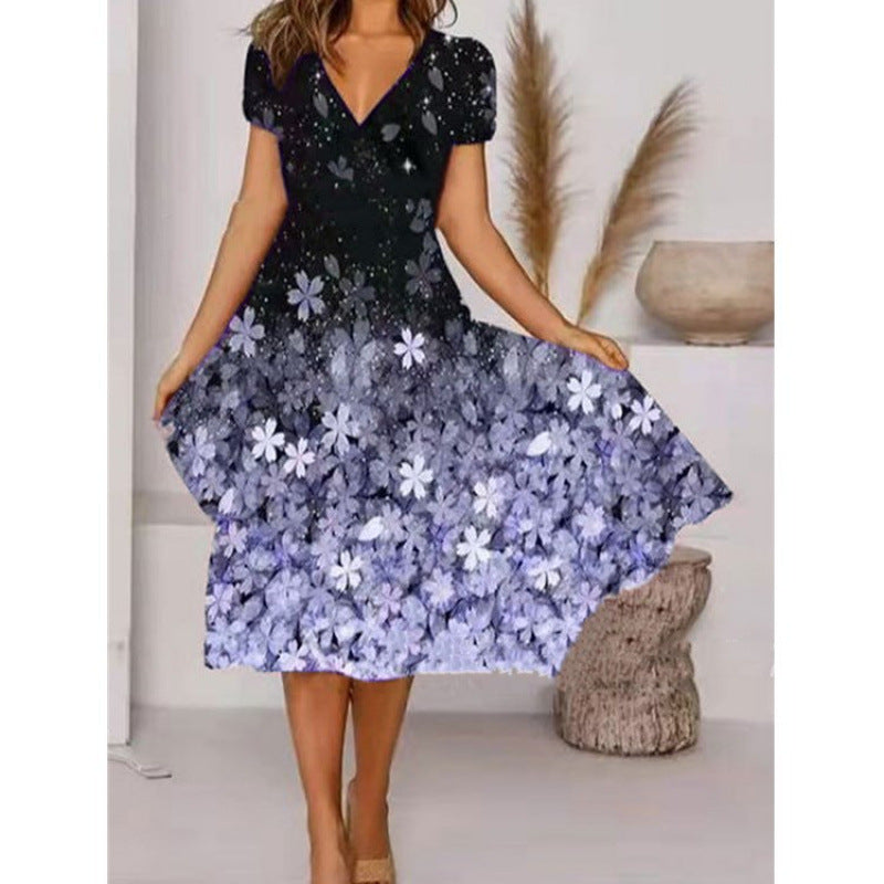 Damen A-Linie Sommerkleid mit V-Ausschnitt und floralen Akzenten EB