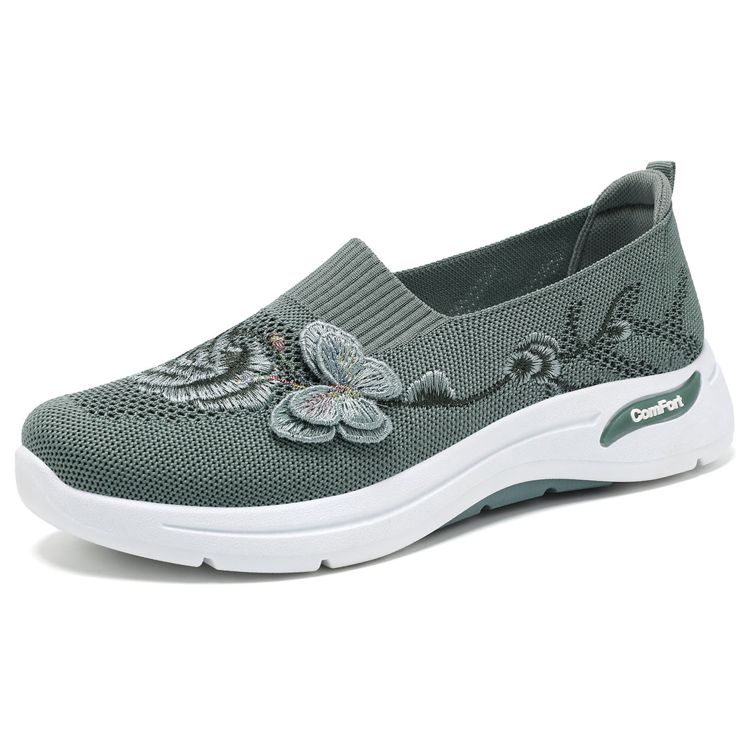 Damen nan gestrickter Slip-On Slipper mit 3D-Blumenstickerei und ergonomischer Komfort-Zwischensohle EB