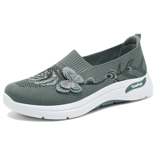 Damen nan gestrickter Slip-On Slipper mit 3D-Blumenstickerei und ergonomischer Komfort-Zwischensohle EB