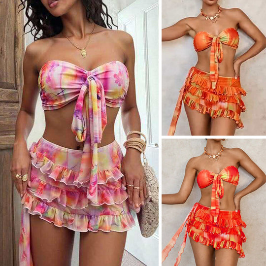 Damen Bandeau-Bikini-Set mit Rüschen und Wickeltuch EB