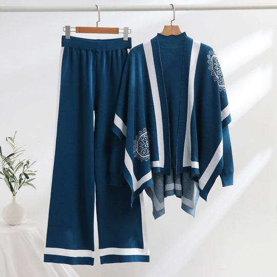 Damen elegantes Strick-Loungewear-Set mit grafischem Muster und weiten Ärmeln EB