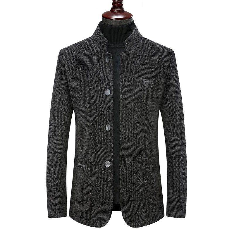 Herren Moderner Stehkragen-Blazer im Bouclé-Look mit feiner geometrischer Struktur EB